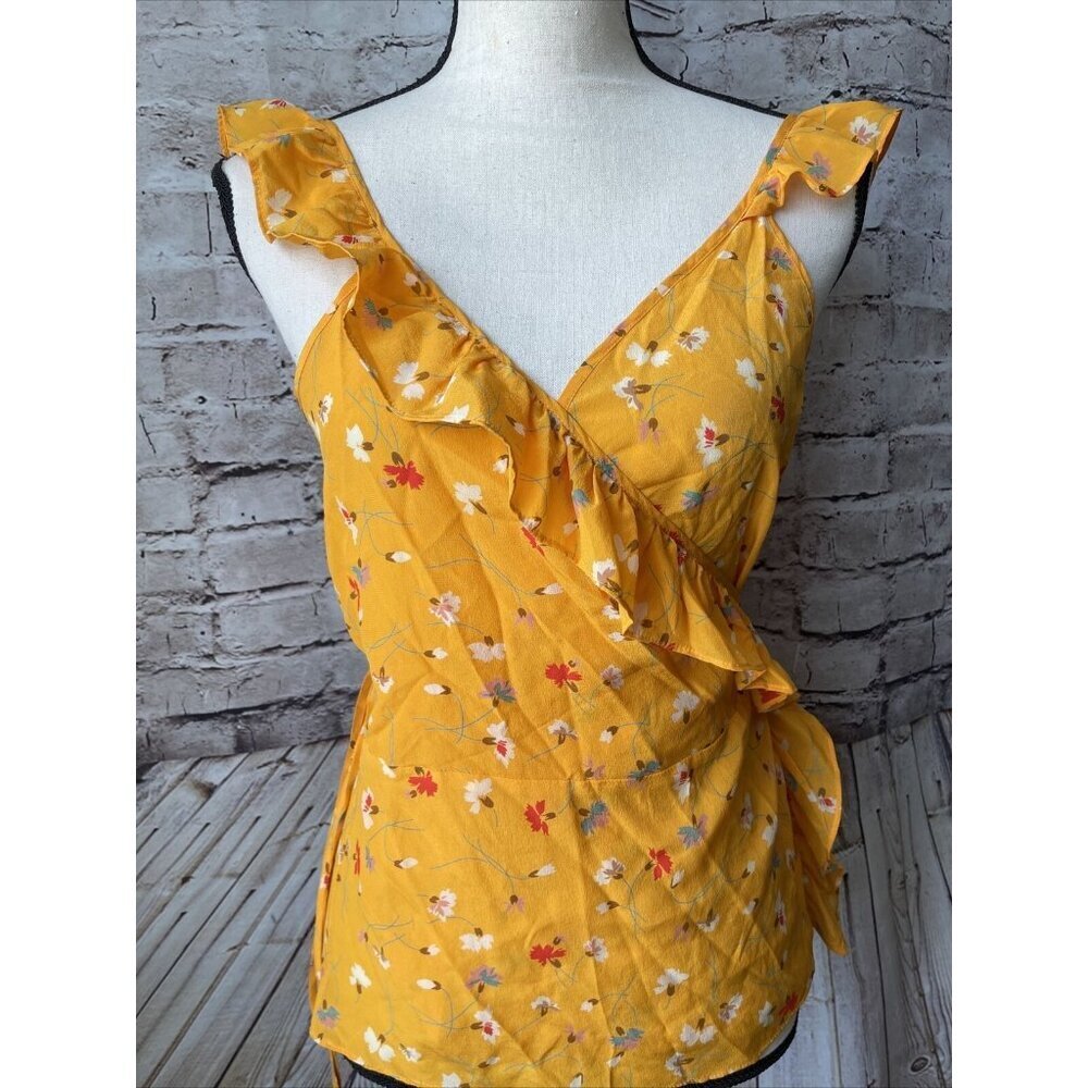 Madewell 100%‎ Silk Floral Wrap Tank Top Ruffle Yellow V Neck Size 6